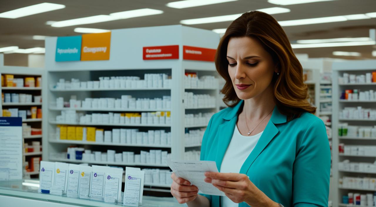 Mulher de blazer verde-água lendo uma receita diante da prateleira de medicamentos