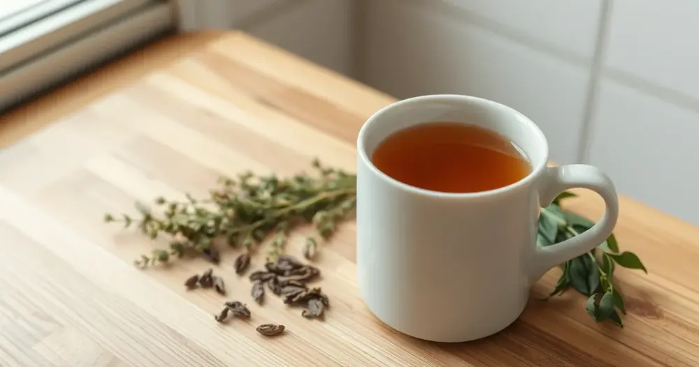 Caneca de chá sobre mesa de cozinha de madeira ao lado de ervas secas